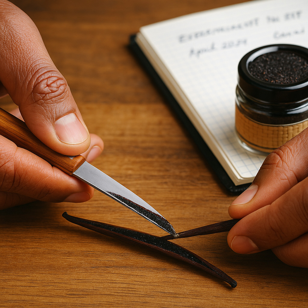 Préparation artisanale d’une gousse de vanille Tahifolia avec pot All-Protect et carnet de suivi scientifique